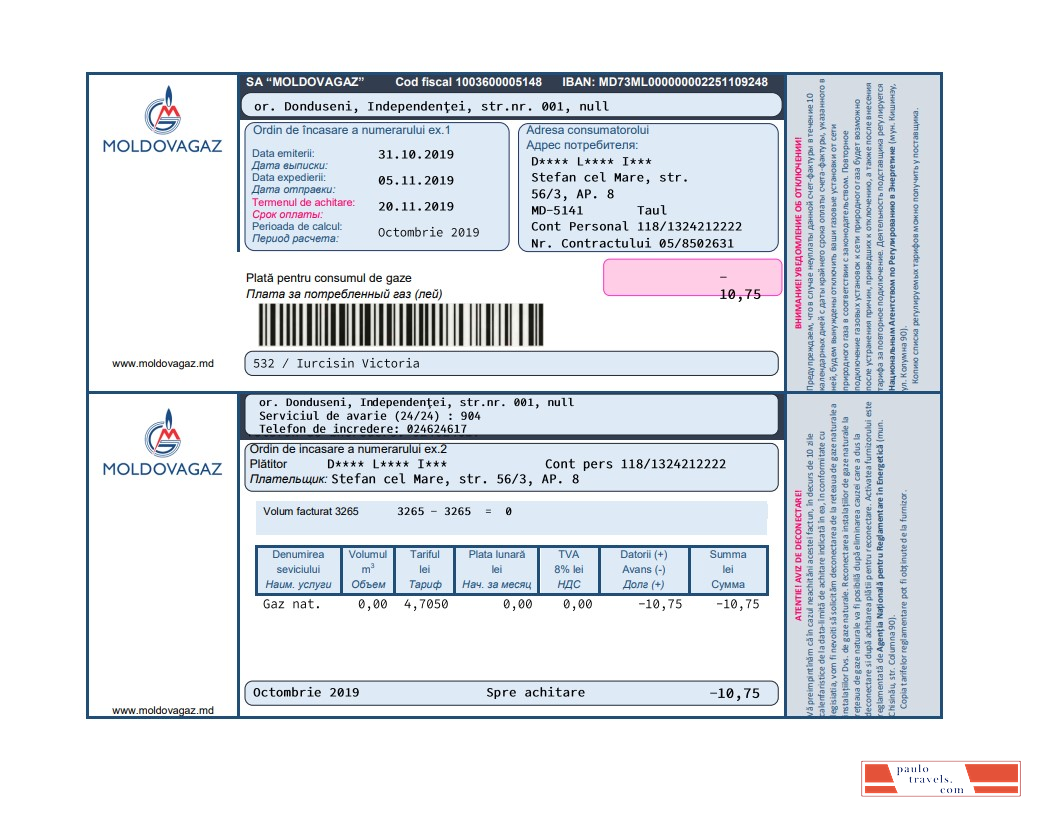 Moldova Moldovagaz utility bill template in Word and PDF format